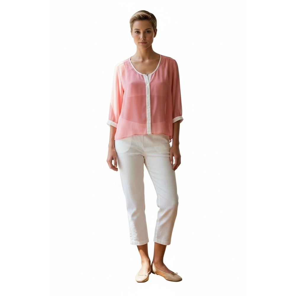 TCEC Coral Pink White Trim Sheer 3/4 Sleeve Open Back Casual Dressy Blouse Top M